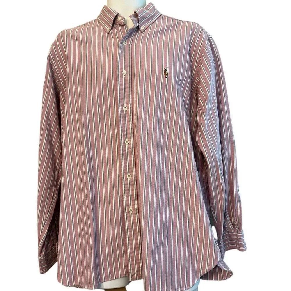 Ralph Lauren Mens Large Classic Fit Long Sleeve Pink Striped Dress Shirt Pony